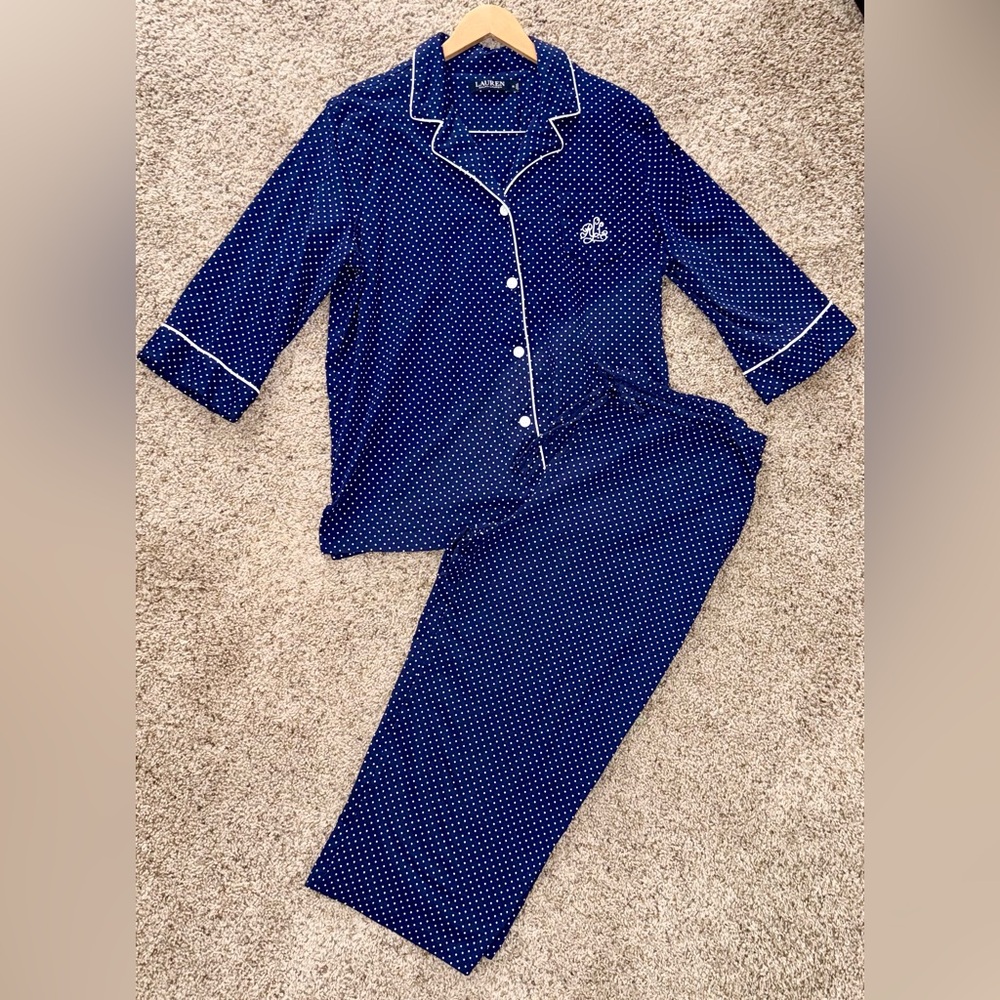 Women’s Ralph Lauren Navy & White Polka Dot 2 Pc Pajama Capri Set! Sz XL!